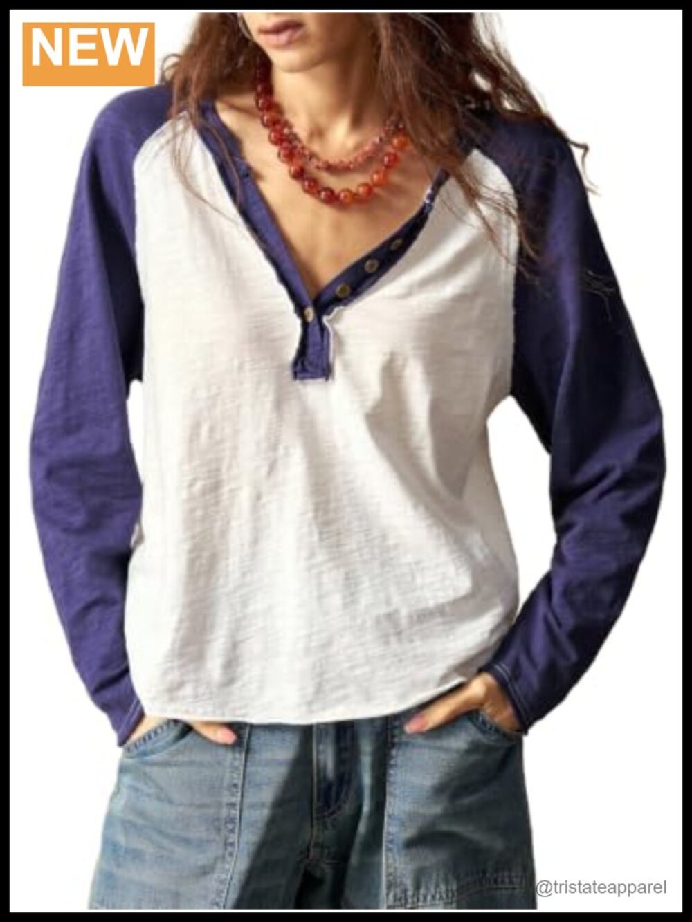 Raglan Long Sleeve Henley Shirt with Button Front Deep V Neck Oversized Loose